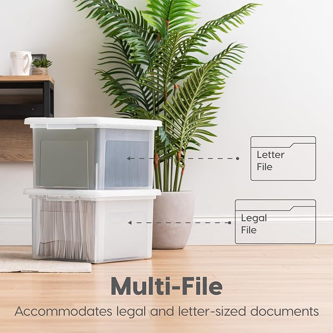 IRIS USA File Box, Plastic File Organizer with Lids for Letter/Legal File, Portable Document Box For Moving, Storage Bin with Durable and Secure Lid, Stackable Nestable BPA-Free, Black 35 Qt. 4 Pack