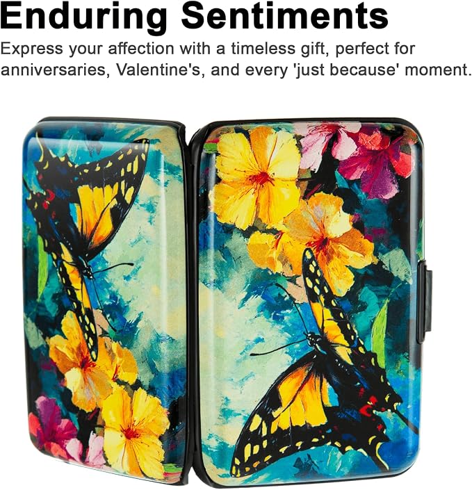 Credit Card Holder, Metal Card Wallet RFID Blocking Mini Slim Aluminum Business Hard Card Case for Women Men (Flowers Butterfly)