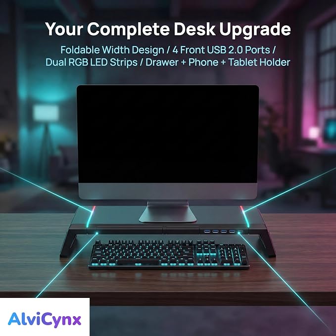 Monitor Stand Riser for Desk, Foldable Computer Monitor & Laptop Stand with Drawer, 4 USB 2.0 Ports, RGB Lighting, Phone & Tablet Holder, 72 lb Capacity (Black)