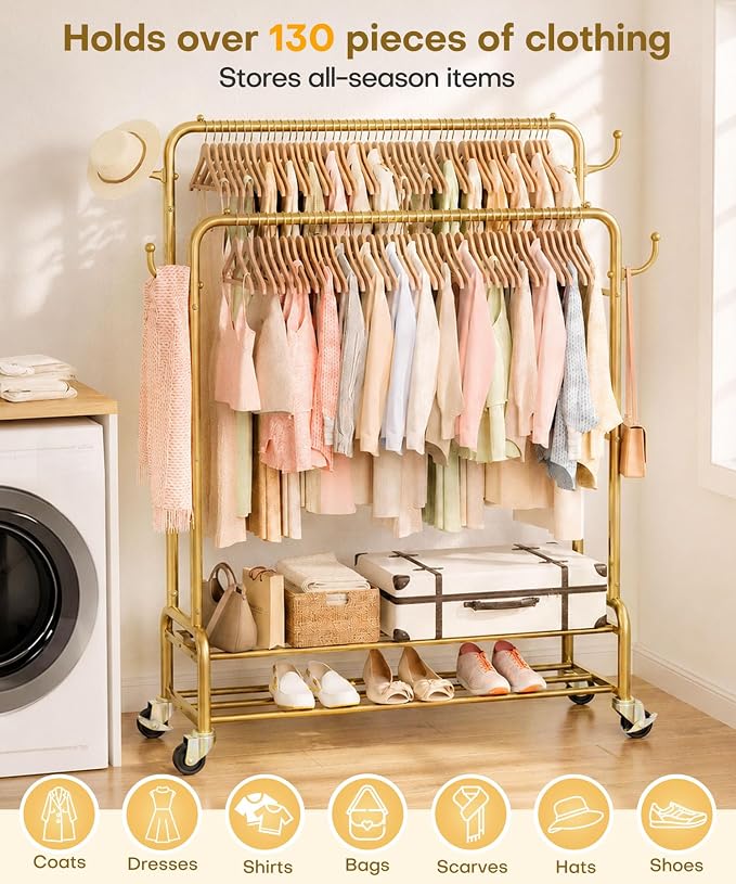Homde Sturdy Garment Rack for Bedroom: 265 lbs Heavy Duty Clothes Organizer | 2 Hanging Rods Hold Coat to T-Shirt - Easy Roll & Park on Wheels - Metal Frame Stays Solid & Stable at Full Load