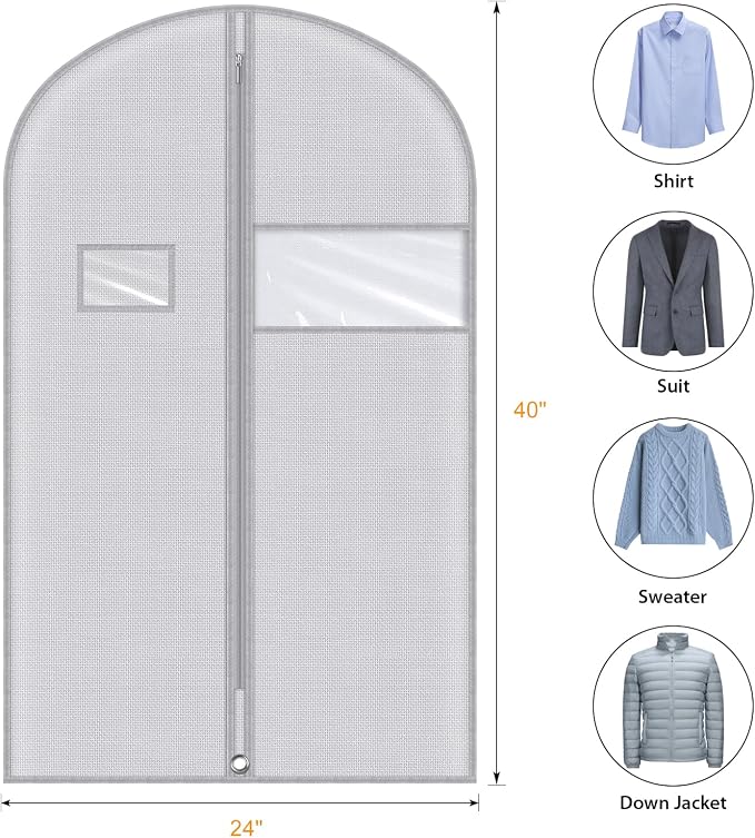 Syeeiex 40" Suit Bag, Set of 5 Garment Bags for Hanging Clothes, Suit Bags for Closet Storage, Garment Bags for Storage Suits,T-shirts, Jackets and Coats(Grey Pattern)