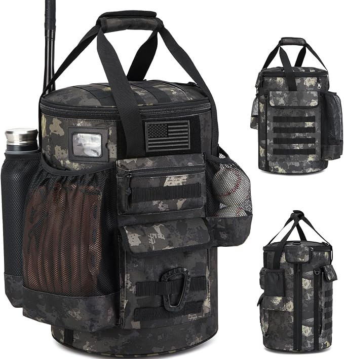 Baseball Bucket Bag Baseball Coaching Accessories Organizer Tactical Style Softball Bucket Bag with Anti-Slip Bottom, Multiple Pockets for Bat, Gloves, Scoreboards