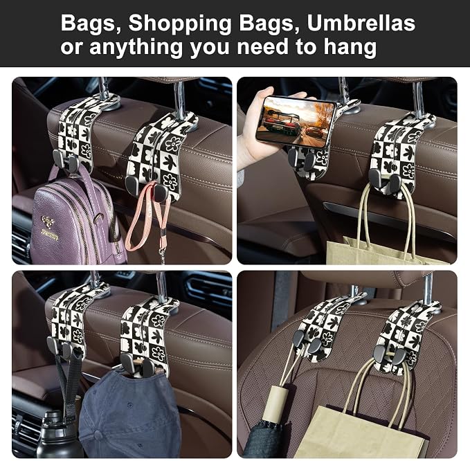 CoBak Purse Hook for Car - Universal Premium Stitched Leather and Aluminum-Magnesium Alloy Double Car Seat Back Storage Hook for Purses, Handbags, Bags (2 Pack),Chess Flower