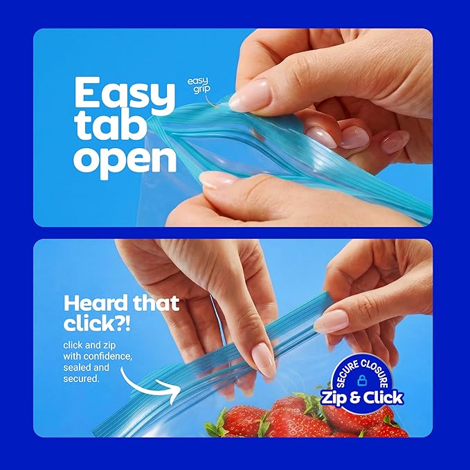 Quart Freezer Bags - Double Zipper Seal -300 Count, (4 Packs of 75) Resealable Plastic Freezer Containers - Reusable Pouches for Food Storage, Meat, Fresh Vegetables, Fruit - Microwave-Safe, BPA Free