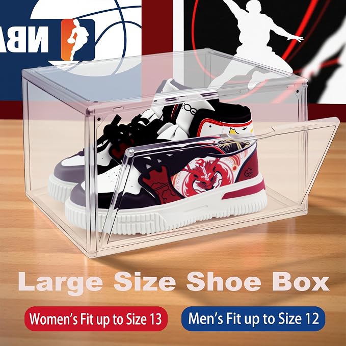12 Pack Acrylic Shoe Boxes Clear Stackable Plastic Sneaker Display Case with Magnetic Lids, Drop Side Shoe Organizer for Entryway & Sneaker, Fits Men’s US Size 12.5