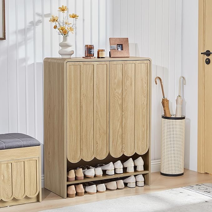 ORRD Shoe Storage Cabinet with Scalloped Doors, 5-Tier Wooden Shoe Cabinet with Adjustable Shelves, Shoes Rack Storage Organizer for Entryway, Hallway, Living Room, Natural