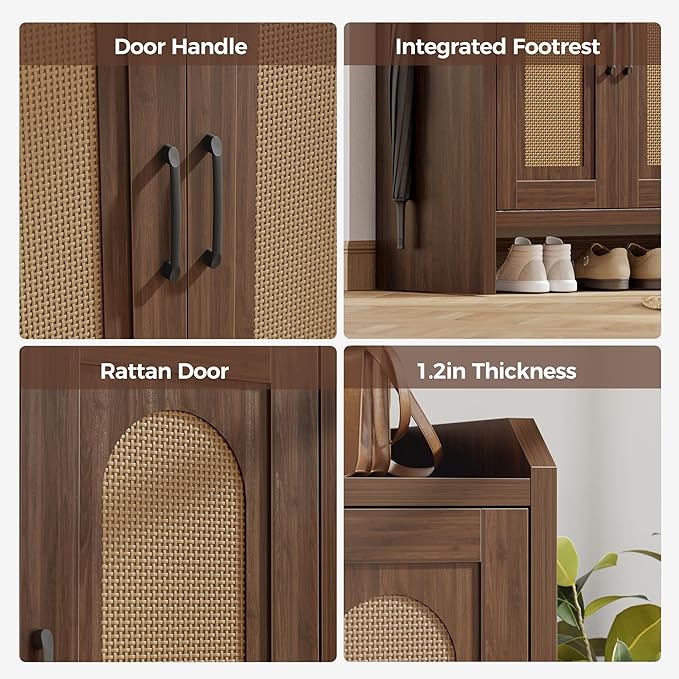 Mericonia Rattan Shoe Storage Cabinet, Farmhouse Shoe Cabinets Storage for Entryway, Boho Wooden Shoe Rack with 3 Doors for Entryway, Hallway (Walnut, 3 Door)