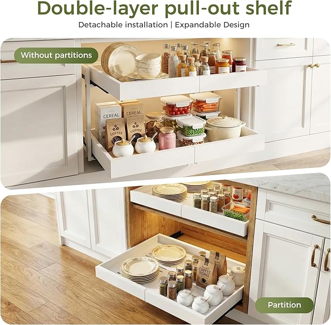 Abalter Expandable Pull Out Cabinet Organizer(12-18.5" W x 21" D), 2-Tier Slide Out Drawer for Kitchen Cabinets, Slide Out Shelves for Kitchen Countertop, Bathroom, Pantry, Heavy Duty Caddy(White)