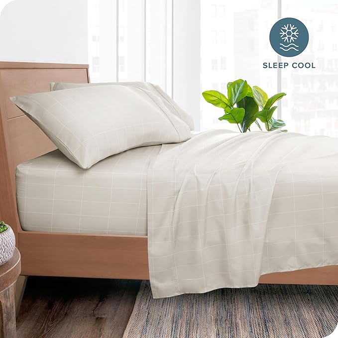 Bare Home Twin Sheet Set - Luxury 1800 Ultra- Soft Double Brushed Microfiber - Deep Pockets - Easy Fit - 3 Piece Bedding Sheet Set (Twin, Grid - Stone/White)