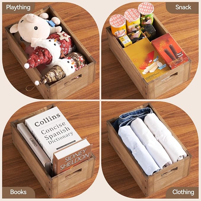 KIRIGEN Stackable Wood Storage Cube with Handles, Open Cubby Bin, Brown | Open-Front Wooden Box Crate for Books, Clothes, Shoes, Closet Storage, and Display for Home Office, Assembly Required C5-DBR