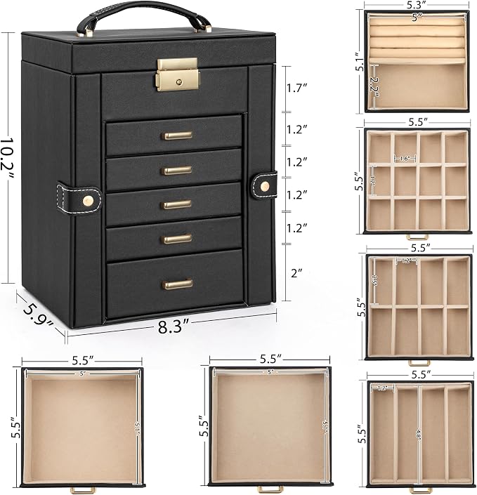 AKOZLIN 6-Tier Jewelry Box Lockable Leather Jewelry Storage Case with 5 Drawers for Women Girls Ring Necklace Earring Bracelet Holder Organizer with Mirror