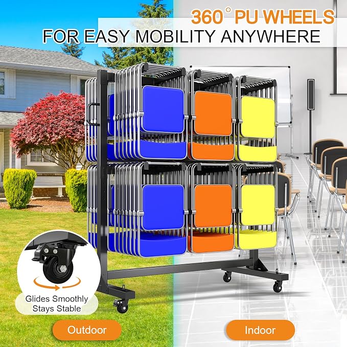 SPECRAFT Folding Chair Rack, Holds 12 Tables or 84 Chairs with 50 PCS Chair Covers, 1100 lbs Capacity, Heavy-Duty Cart with Wheels, Elastic Cords, Cover, Glossy Black