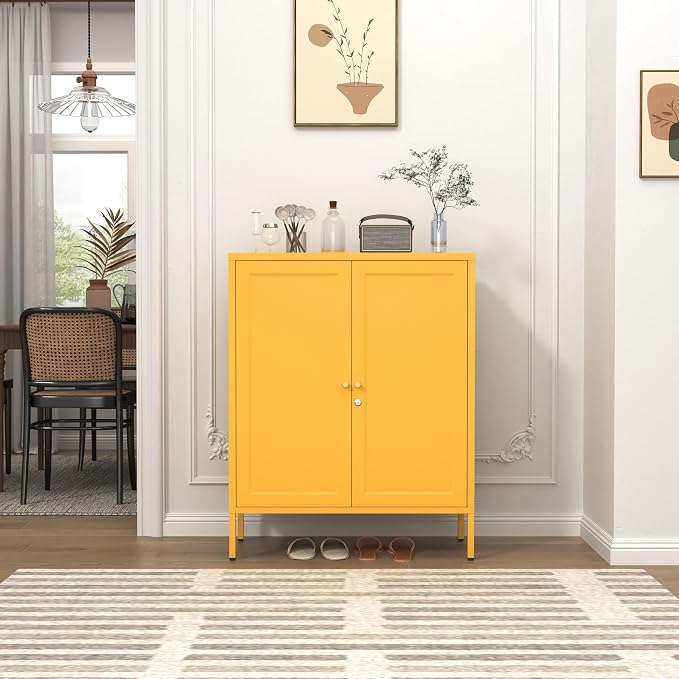 Metal Storage Locker with Djustable Shelves 36" H Lockable Modern Lockers Home Organization Cabinet 2-Door Durable Metal Cabinet for Bedroom Entrance Yellow 36" H X 31.5" W X 13.8" D