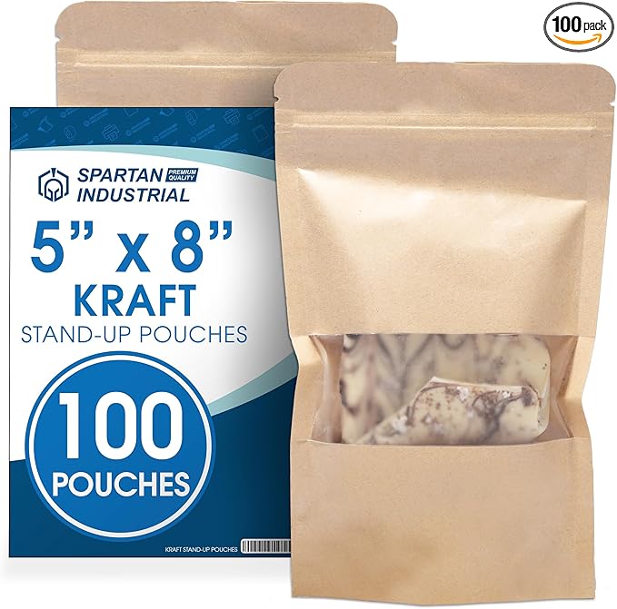 Spartan Industrial - 5" X 8" Kraft Zip Top Food Storage Bags - Pack of 100 Smell-Proof Resealable Pouches for Packaging Coffee, Tea, Spices, Snacks, and More
