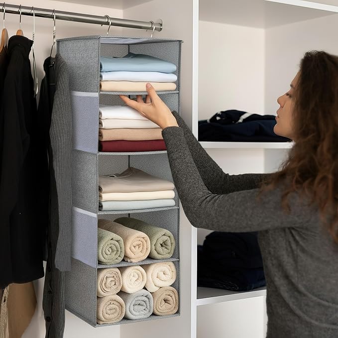 Hanging Closet Organizer with Hook, Collapsible 5 Tier Closet Organizers, Hanging Shelves for Clothes Shoes Towels Sweater 40 * 12 * 12 Inches