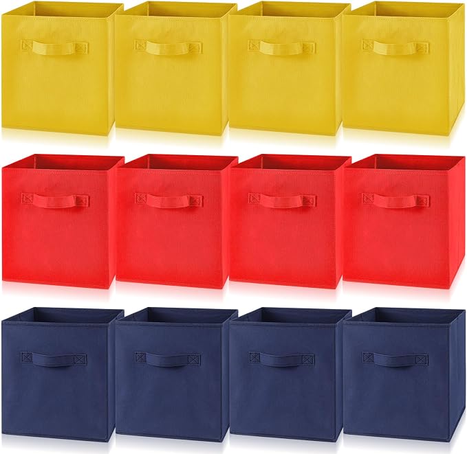 Yinder 12 Pcs Cube Storage Bin 10.5''x10.5''x11'' Storage Bins for Playroom Decor Colorful Bins for Kids Foldable Baskets for Nursery Organizer Boxes Fabric Boxes(Navy Blue, Red, Yellow)