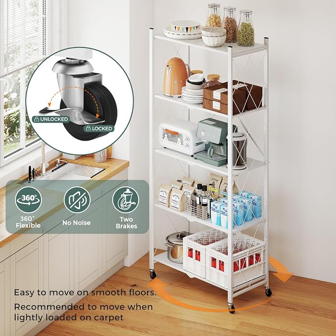 DEANIC 70.7" Tall Extra Large 5-Tier Folding Storage Shelf with Wheels, No Assembly Collapsible Metal Rack with Leveling Feet for Garage, Pantry, Basement, Vendor Display, Kitchen(White,1 Pack)