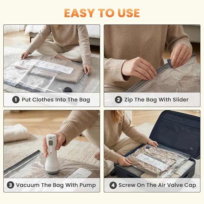 18 Pack Vacuum Storage Bags for Travel with Cordless Pump | 1.5s Hold to Start, 2000mAh Rechargeable, 100+ vacuum seals per charge, 60000Pa suction, for Luggage and Suitcase