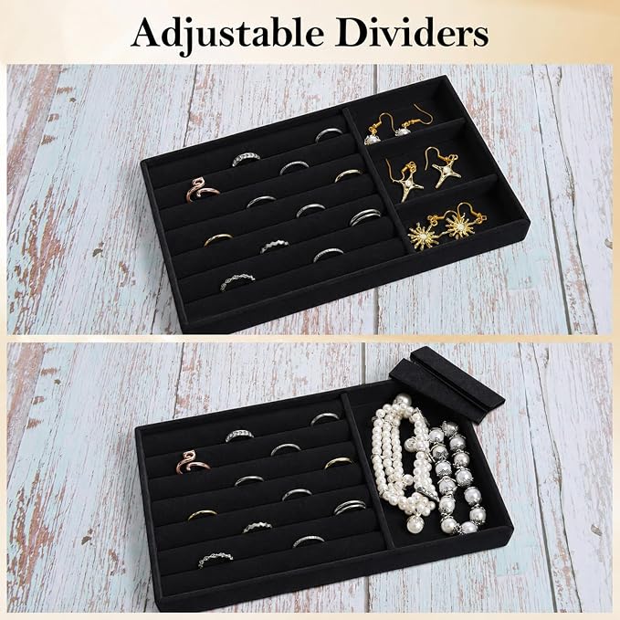 Jewelry Box Insert Organizer for Drawer, Stackable Trays Velvet Jewelry Drawer Inserts, Ring Earring Stud Necklace Holder Display Storage Case(Black, 8.3 x 4.9in)