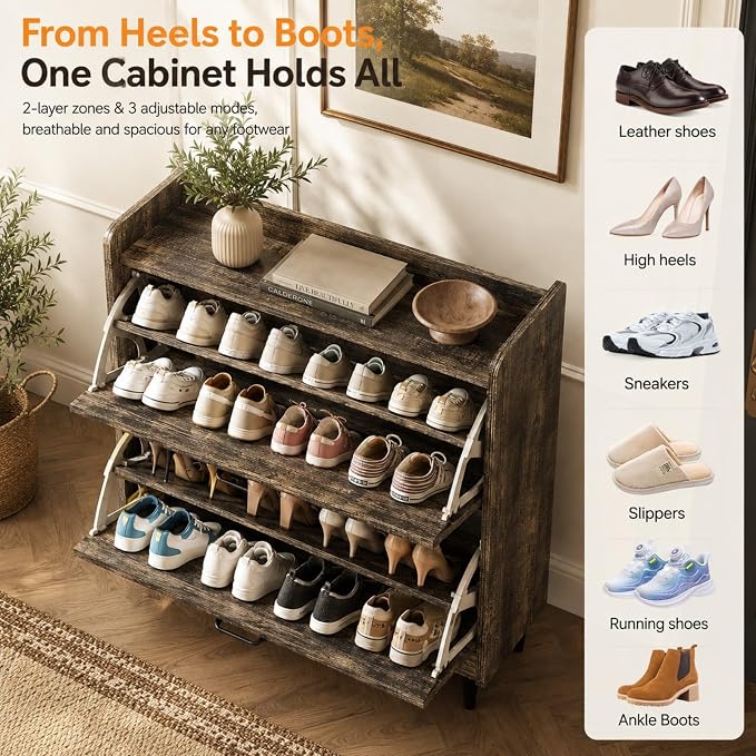 VINGLI Shoe Storage Cabinet for Entryway with 2 Flip Drawers, Ultra Slim Freestanding Entryway Shoe Organizer with Wood Tapered Legs,Hidden Closed Shoe Rack,31.6"W * 9.4"D * 39.4"H, Dark Rustic Oak