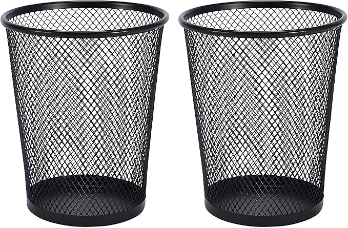 AIMI Pencil Case 2pcs Large Capacity Container Metal Mesh Pen Cup Office School Home Desk Pen Storage Organizer Can Makeup Holder Round Black