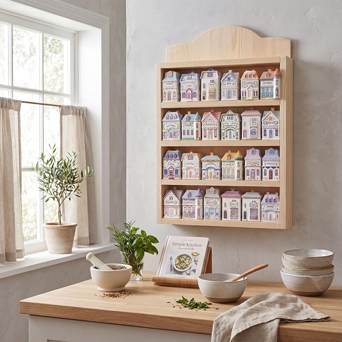 Chunful Vintage Spice Jar Wooden Rack Burlywood DIY Paintable Spice Shelf for 24 Jars, Village Style Wall Mounting Kitchen Storage Decorative Hanging Display Rack, Shelf Only