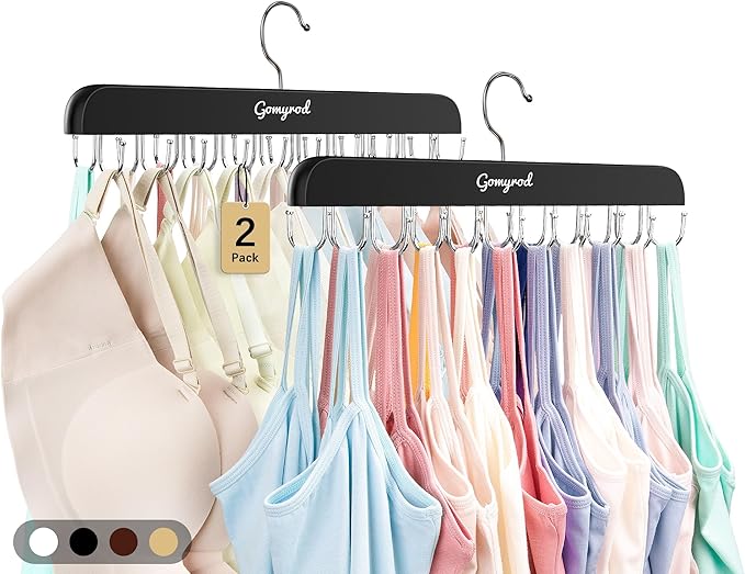 Gomyrod Tank Top Hanger, 2 Pack w/40 Hooks Bra Hanger for Closet Organizer | Premium Wood Space Saving Hanger, 360°Rotating Closet Organizers and Storage, Multi Hook Hanger for Dorm & Apartment, Black