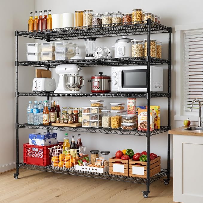 48” W Storage Shelves with Wheels,5 Tier Wire Shelving Heavy Duty,Adjustable Shelving Units,Garage Storage Shelves,3200LBS Metal Shelving,for Pantry,Kitchen,Warehouse,Rolling Shelf,48”W×24”D×72”H