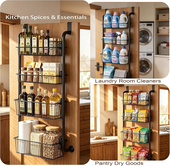 Purebox 4-Tier Over The Door Pantry Organizer & Spice Rack, Heavy Duty Deep Basket Storage with Thickened Carbon Steel Frame & Anti-Shake Suction Cups, Hanging Rack for Kitchen Bathroom Laundry