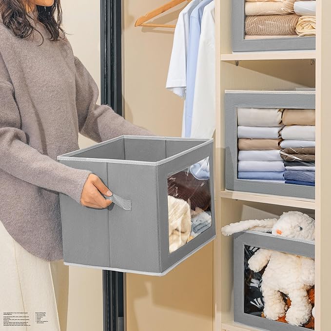Homsorout Stackable Storage Bins with Lids - Large Decorative Basket with Lids, Fabric Foldable Closet Organizer Bins, Shelf Organizer for Living Room, Dorm, 5 Pack, Grey