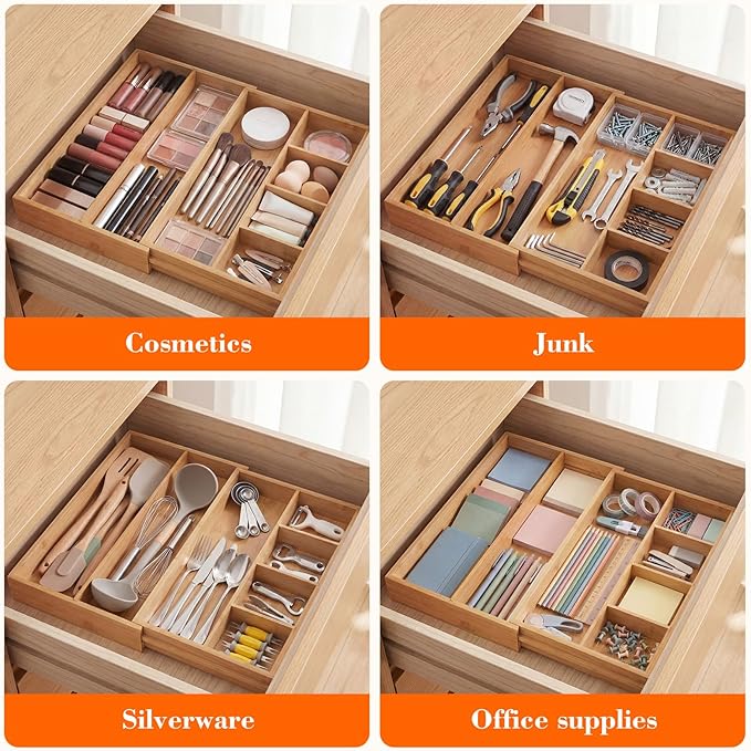 Bamboo Sliding Desk Drawer Organizer 12'' up to 15.7'' x 14'' x 2.2'' Expandable Office Desk Accessories Supplies Tray with 7 Compartments for Pens, Notebooks, Rulers, and Makeup Jewelry Vanity
