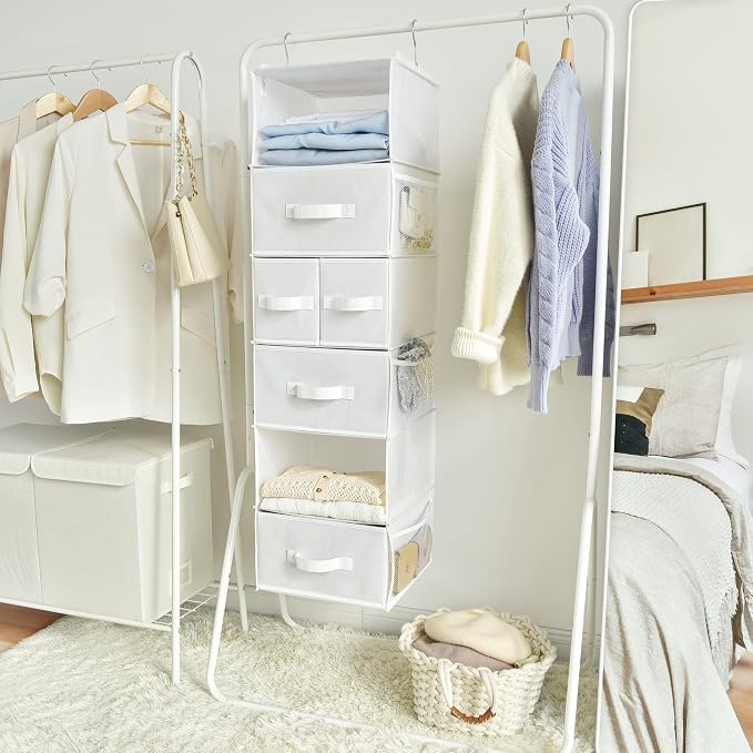 GRANNY SAYS Hanging Closet Organizer and Storage, 6 Shelf Clothes Organization with Drawers, 6 Side Pockets Closet Hanging Shelves for Bras, Socks, Underwear, Nursery Room, Wardrobe, White, 1-Pack