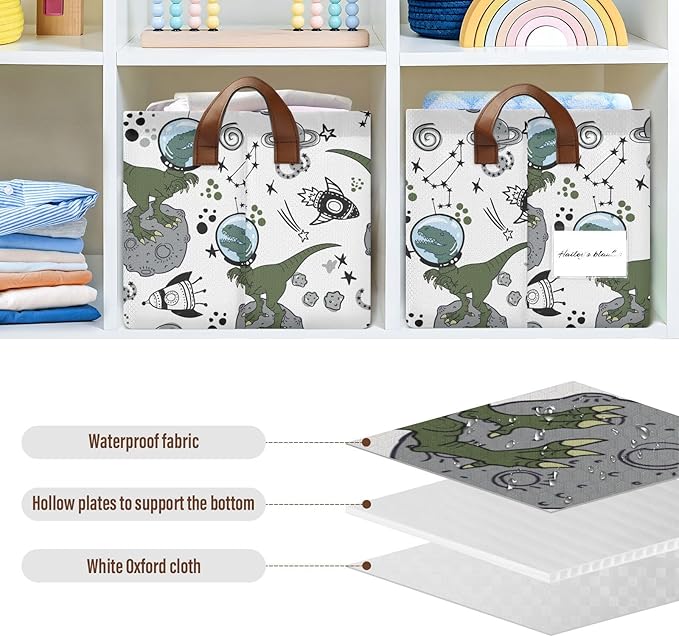 Space Rocket and Dinosaur Storage Basket Foldable Cube Storage Bins with Handles&Label Waterproof Collapsible Organizer Box Bin Large Rectangle Decorative Baskets for Shelves Home Room Laundry-2 Pack