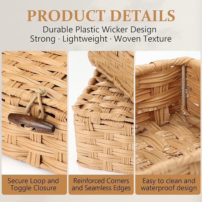 Newtay Set of 4 Woven Wicker Storage Baskets with Lids, Decorative Storage Boxes Lidded Rattan Organizer Bin Home Decor for Shelf, Coffee Table, Closet, Bathroom, Living Room(Plastic,Natural Color)