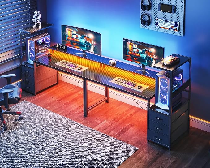 AODK Gaming Desk w/PC Showcase Stand, 59" Reversible, RGB LED, Black | Elevated stand fits Lian Li O11, Hyte Y60. Triple drawers hide cables, controllers, clutter.Your build deserves to be seen.