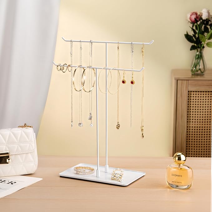 bussdis Necklace Holder Stand,Metal Jewelry Organizer for Home Decor,White | Modern Design,Easy Assembly,Non-Slip EVA Pads,Gift for Woman,Necklace Display for Bedroom,Vanity and Dresser