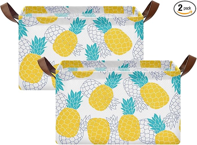 Aqua Blue and Yellow Pineapple Storage Basket Foldable Cube Storage Bins with Handles&Label Waterproof Organizer Box Bin Large Rectangle Decorative Baskets for Shelves Home Room Laundry-2 Pack
