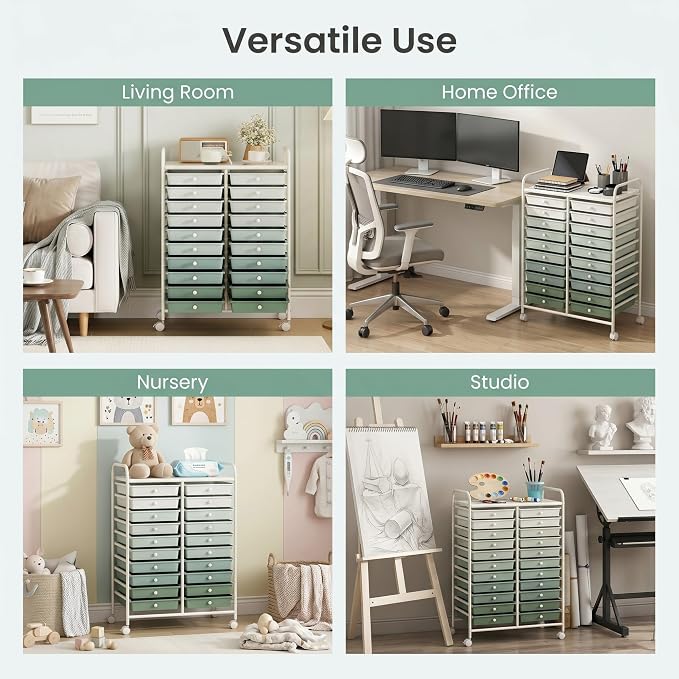GOFLAME 20-Drawer Rolling Storage Cart, Art Craft Organizer Cart, Mobile Utility Storage Cart with Removable Drawers & Lockable Wheels, Craft Cart for Home Office School, Green Gradient