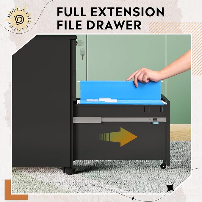 DEVAISE 3 Drawer Mobile File Cabinet, Fully Assembled Metal Filing Cabinet with Lock for Home Office Organizer Letter/Legal/A4, Black