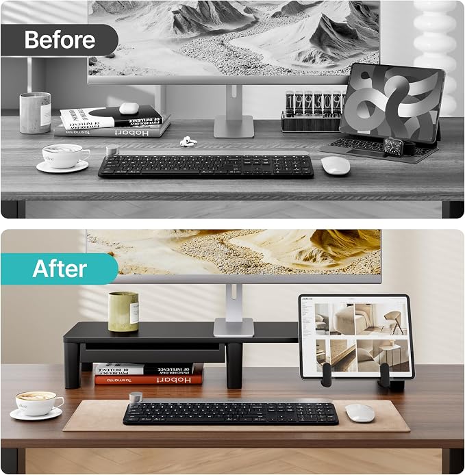 PEGZONE Ergonomic Monitor Stand Riser with Storage Drawer | Computer Riser For PC, Laptop,31.5" desk monitor stand,Desktop Shelf Organizer,For Home Office