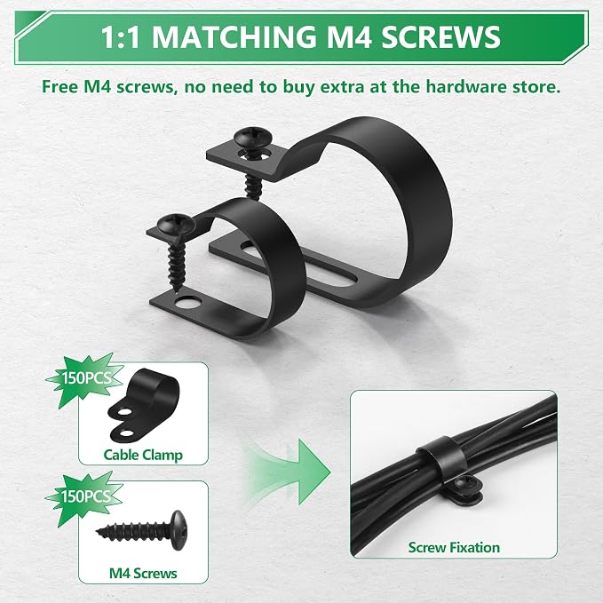 Cable Clips for Cable Management Cord Organizer, 6 Sizes 290 PCS Nylon R-Type, 3/16'' 1/4'' 3/8'' 1/2'' 3/4'' 1'' Black Plastic Screw Mounting Cord Fastener Clamp Assortment Kit with M4 Screws