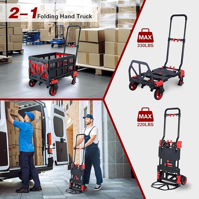 2 in 1 Folding Hand Truck Dolly with Basket,330LBS Capacity Hand Cart Foldable,Hand Truck Foldable with Retractable Handle,Folding Dolly Cart with Wheels for Moving
