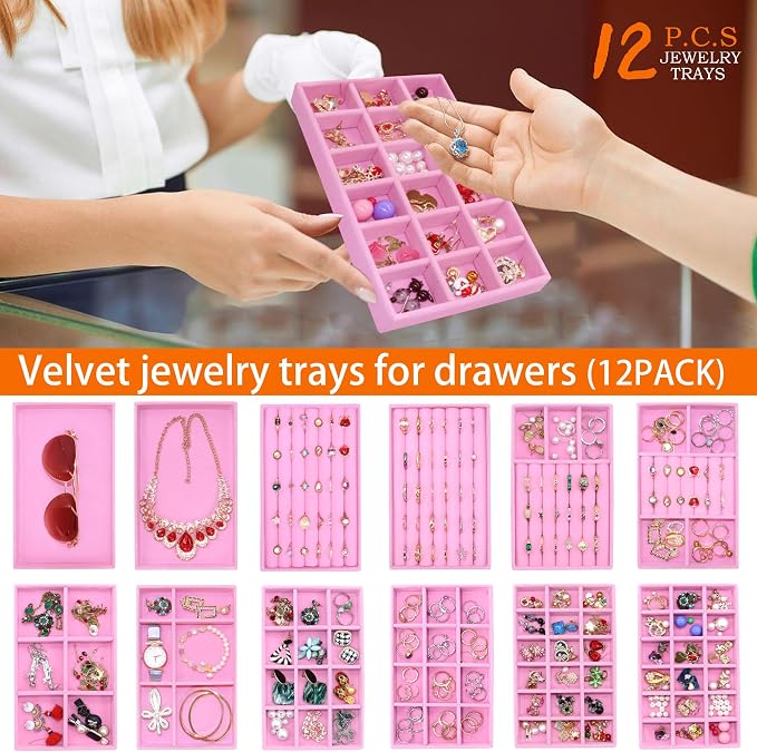 12 PCS Jewelry Trays Earriing Organizer Velvet Jewellry Drawer Box Stackable Jewelryy Dispaly Case for Rings Holder Necklace Bracelet Watch