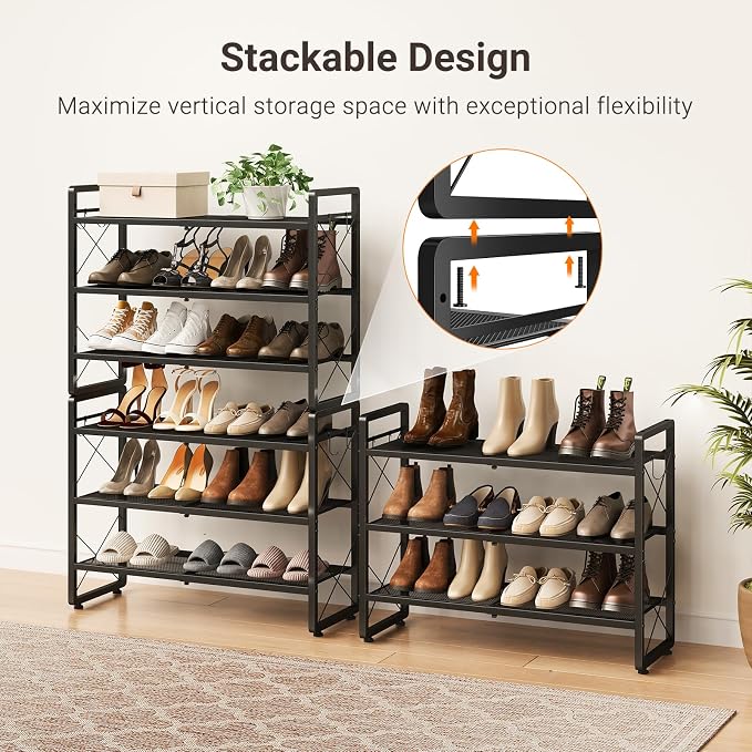 ELYKEN Shoe Rack, 6-Tier Expandable Shoe Organizer for Closet, Metal Black Shoe Shelf with 8 Hooks, Adjustable Shoe Stand Holder for Entryway, Garage, Door Entrance