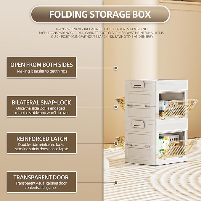 12 QT / 3 Gal Foldable Storage Cabinet with Clear Double Doors Organizer, Transparent Front & Back, Pull to Setup, Rolling Storage Bin for Closet/Living Room