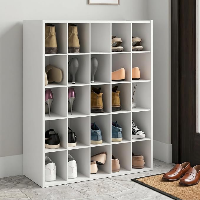 25-Cube Shoe Organizer, Stackable Shoe Rack, Shoe Organizer, 11.7 x 24.2 x 31.5, for Office, Closet Entryway, Garage, White