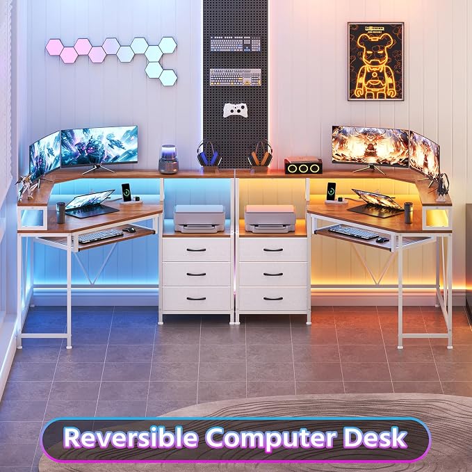 47" Corner Desk with Drawers, Power Outlets ＆ Printer Shelf for Small Space | Small Computer Desk with Monitor Stand, Triangle Gaming Desk with LED Lights and Keyboard Tray, Brown and White