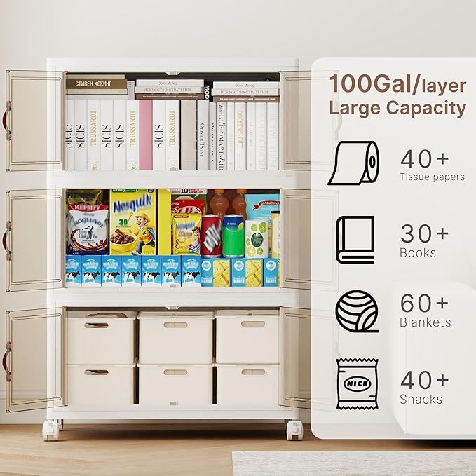 400QT Extra Large Stackable Storage Bins with Lids & Wheels & Door, 100Gal Foldable Collapsible Closet Organizers, Plastic containers drawers for bedroom Dorm