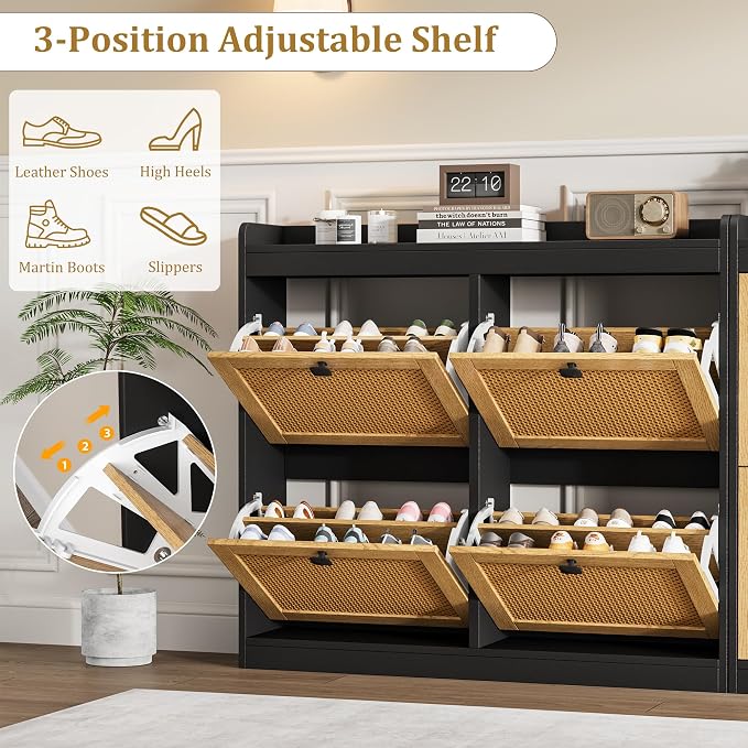 GarveeHome Shoe Cabinet Rattan with 4 Flip Drawers, Wooden Freestanding Shoe Organizer with Adjustable Shelves, Shoe Storage for Entryway, Closet, Hallway