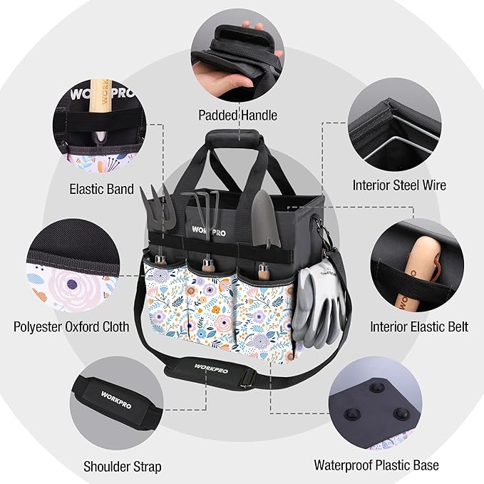 WORKPRO Garden Tool Bag, 10 Pockets and Shoulder Strap, Floral White | Heavy Duty Gardening Organizer Tote Bag Standable Garden Home Tool Kits Organizer (Tools are not Included)